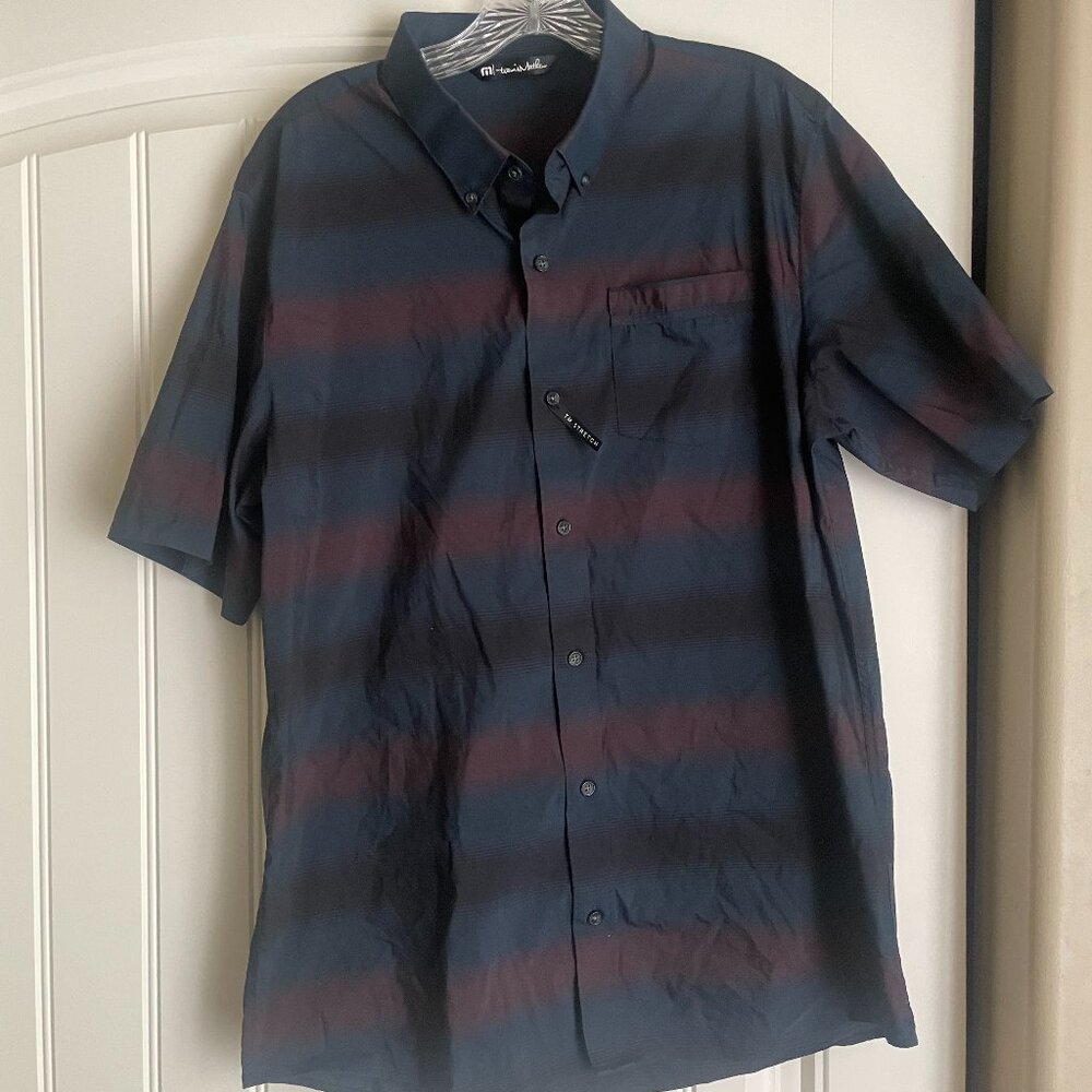 TravisMathew Men's Button-Up Shirt - Size L - Navy & Maroon Stripe NWOT